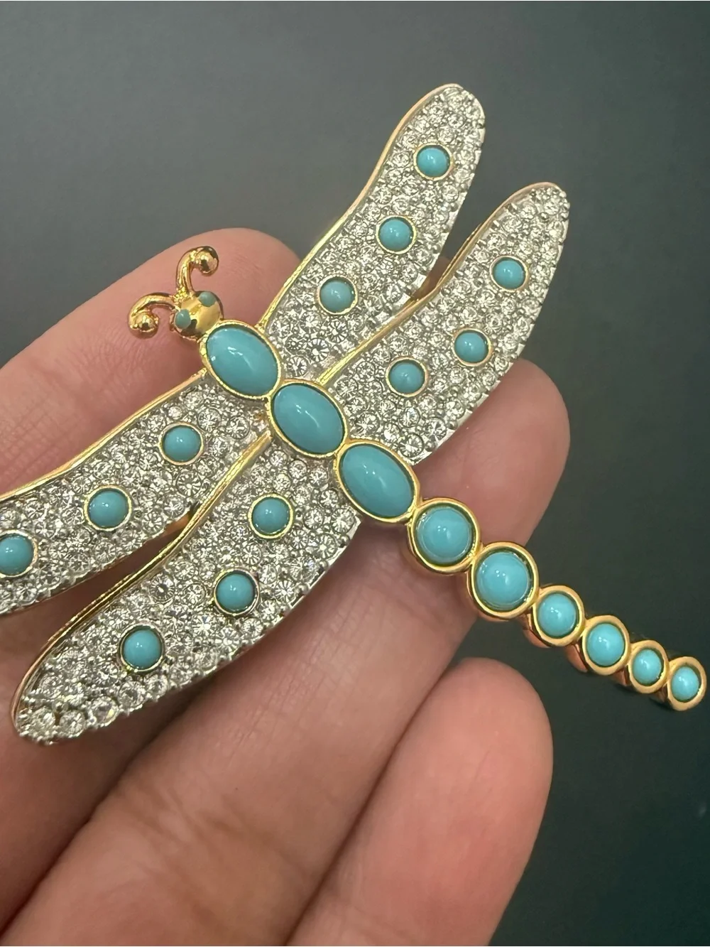 Rare Retired SWAROVSKI Swan Signed Pave Crystal Faux Turquoise Dragonfly Brooch